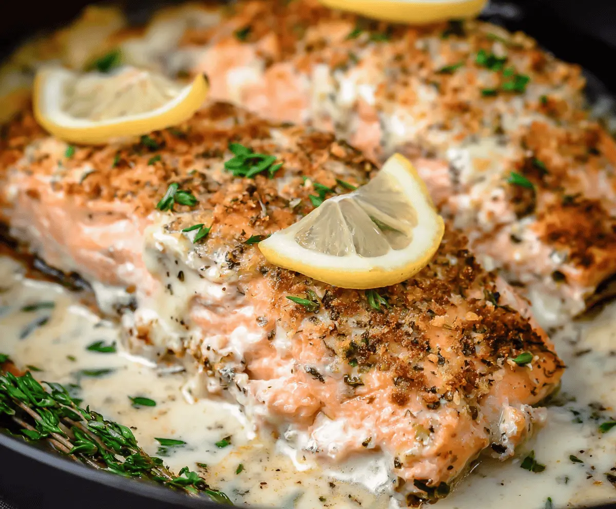Creamy baked Boursin salmon fillet topped with fresh herbs, served on a white plate for a delicious and flavorful seafood dish.