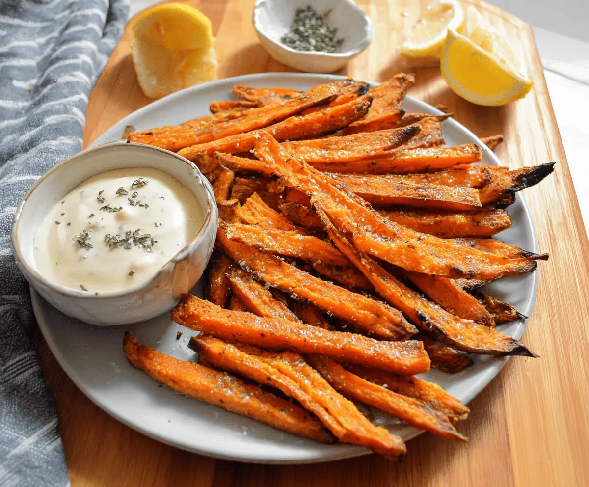 Golden baked sweet potato fries served with creamy garlic aioli dipping sauce on a rustic plate.