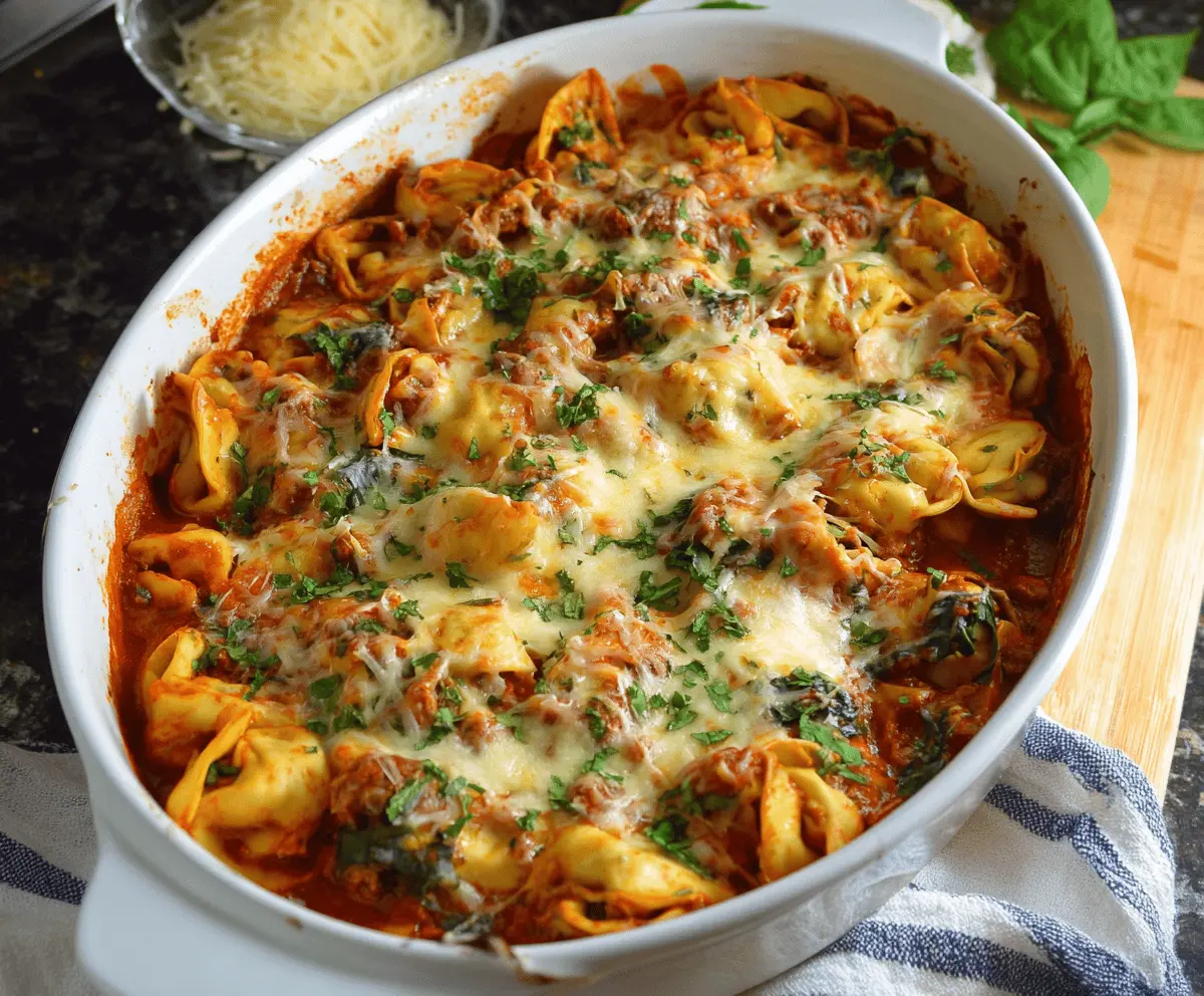 Delicious baked tortellini lasagna with layers of cheese and savory sauce in a casserole dish