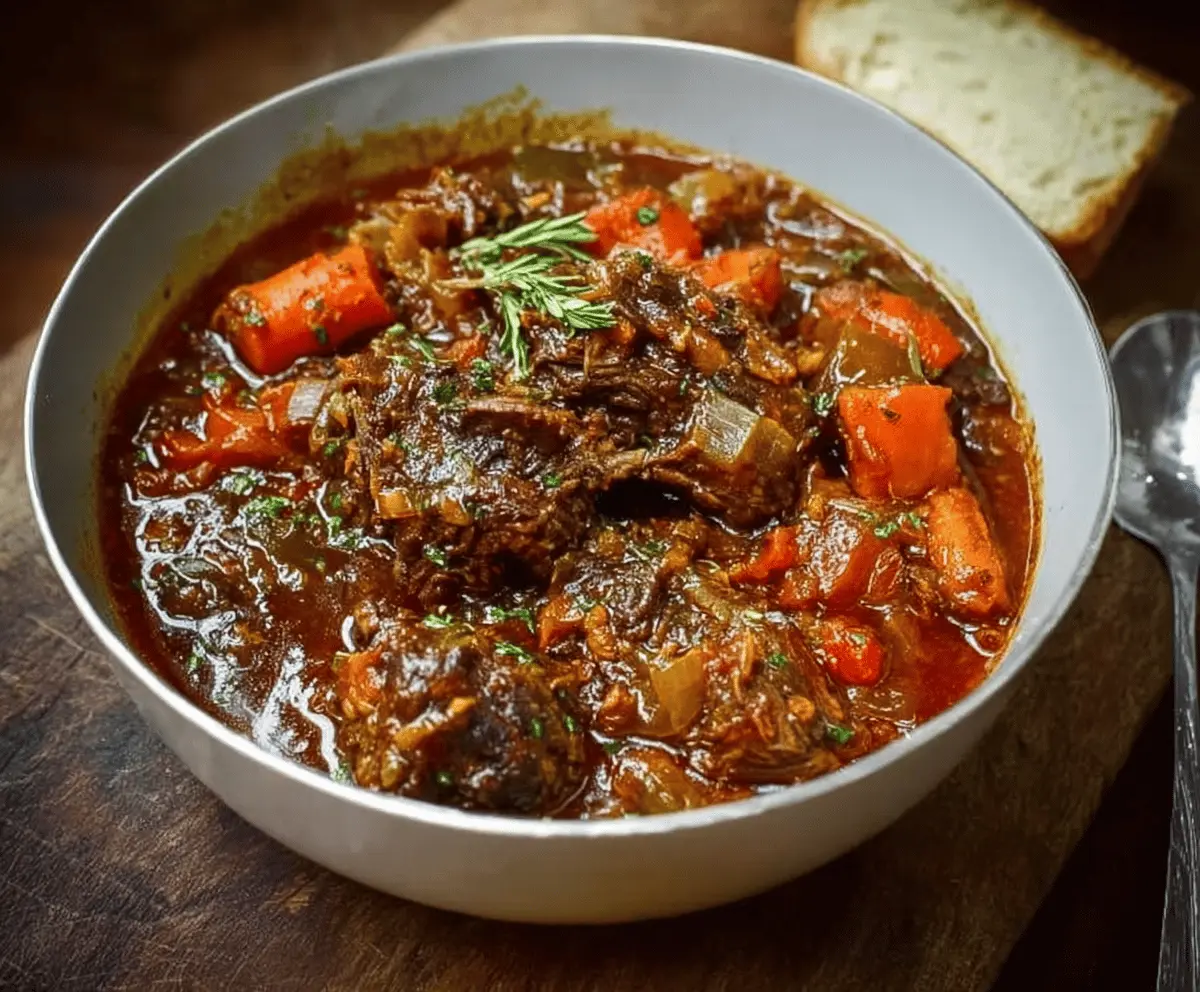 A steaming bowl of Becky’s Favorite Oxtail Stew with tender oxtails, colorful vegetables, and rich gravy served in a rustic bowl