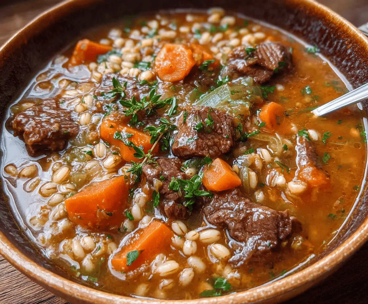 Hearty beef and barley stew in a rustic bowl with fresh herbs and vegetables, perfect for a comforting meal.