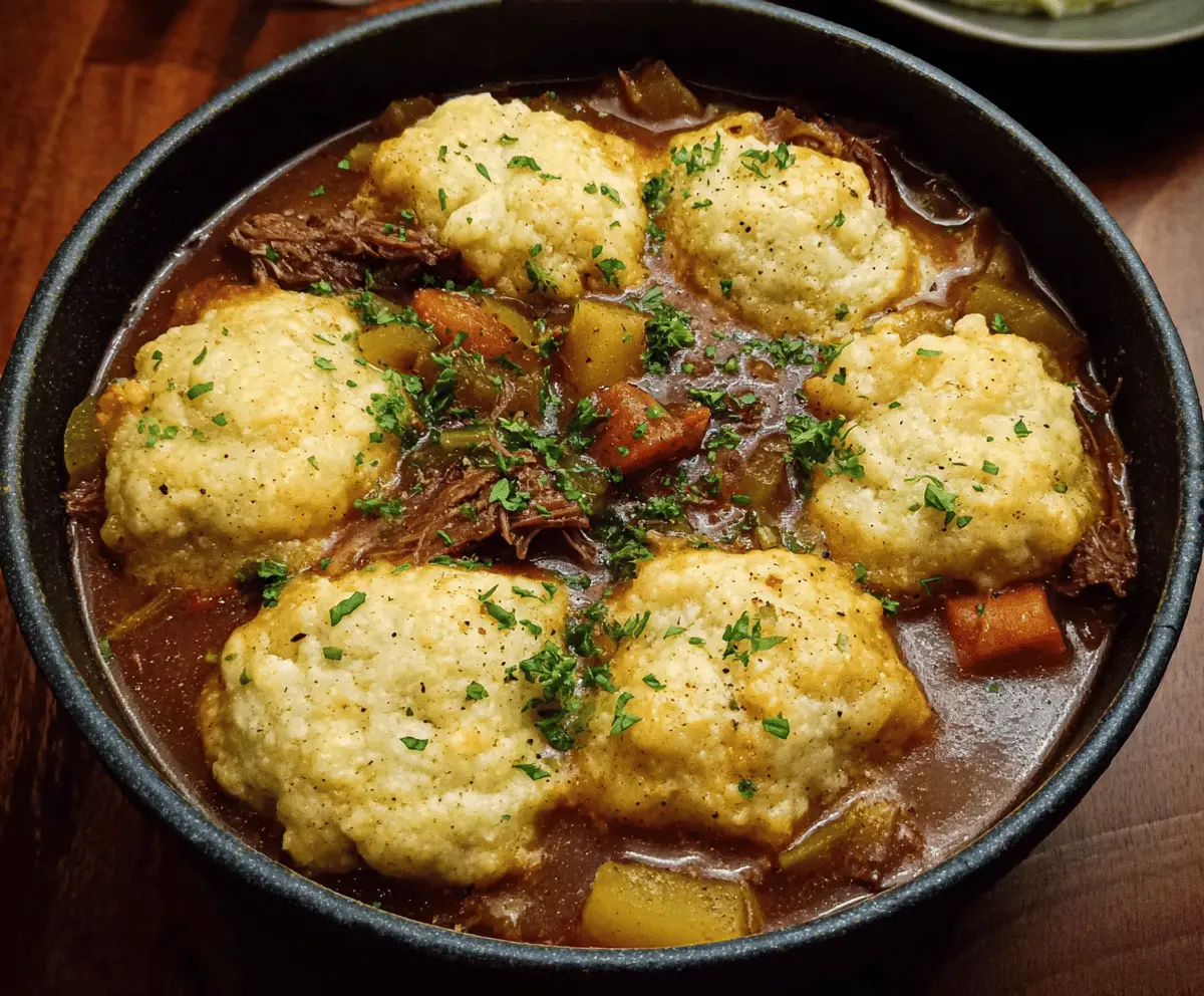 Hearty beef stew with fluffy dumplings served in a rustic bowl, perfect for a comforting meal.