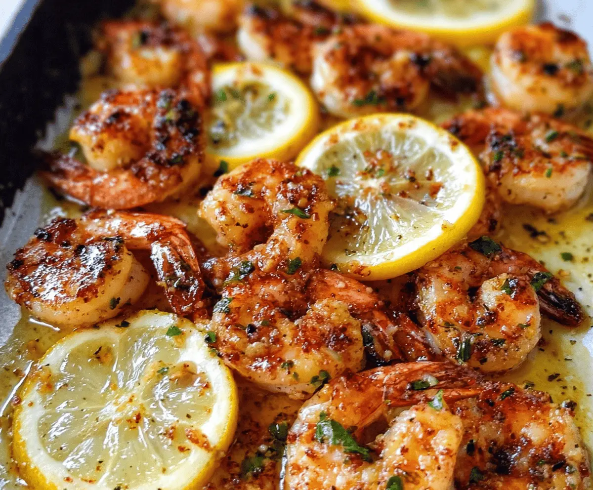 Juicy lemon garlic shrimp served on a white plate with fresh herbs, perfect for a flavorful seafood dish