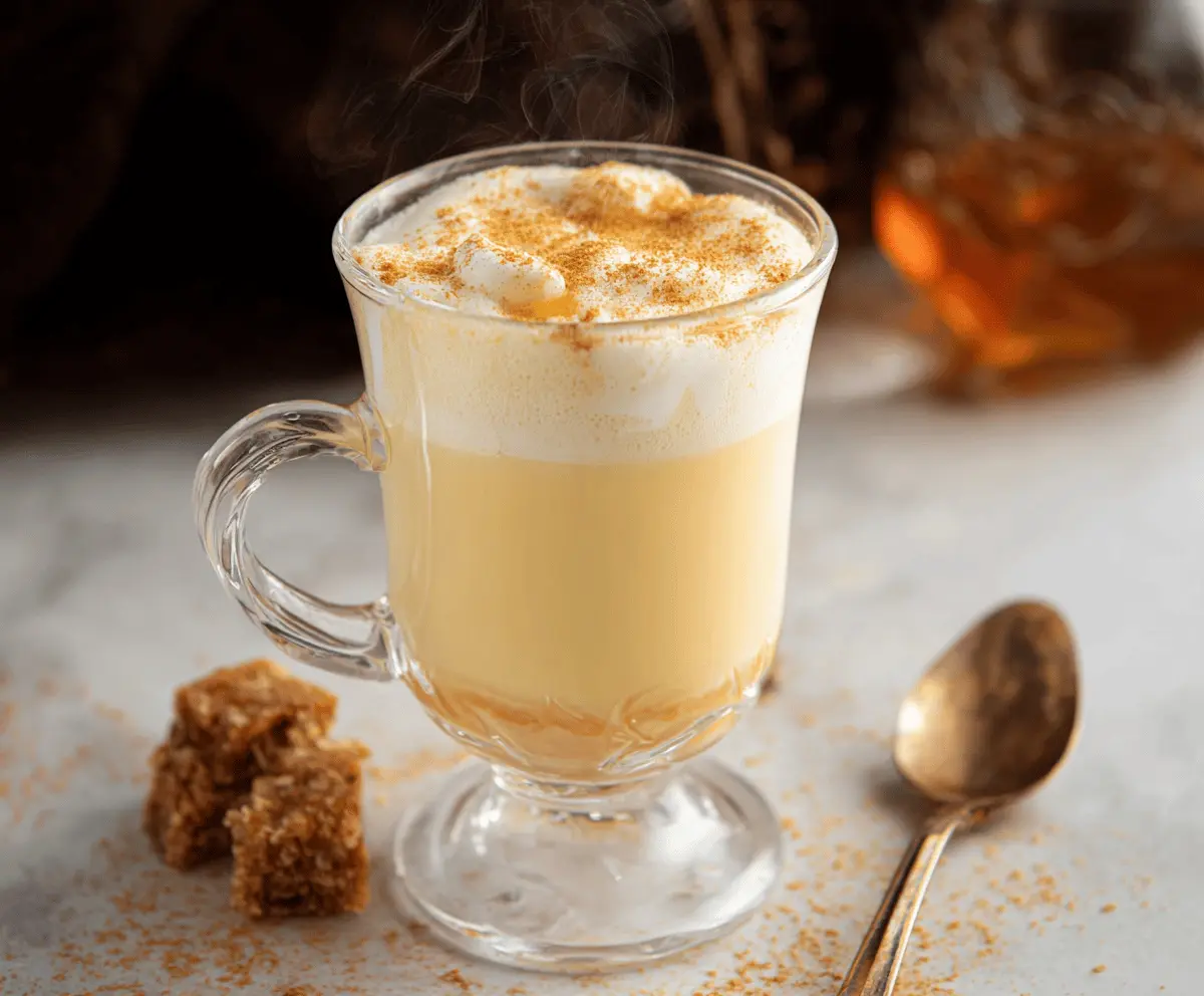 Creamy butterscotch steamer in a mug topped with whipped cream and caramel drizzle, perfect for cozy mornings