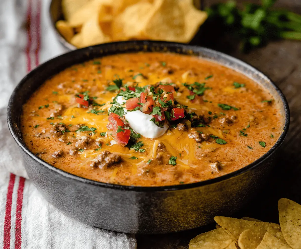 Delicious cheesy ground beef enchilada chili topped with melted cheese and fresh cilantro in a bowl