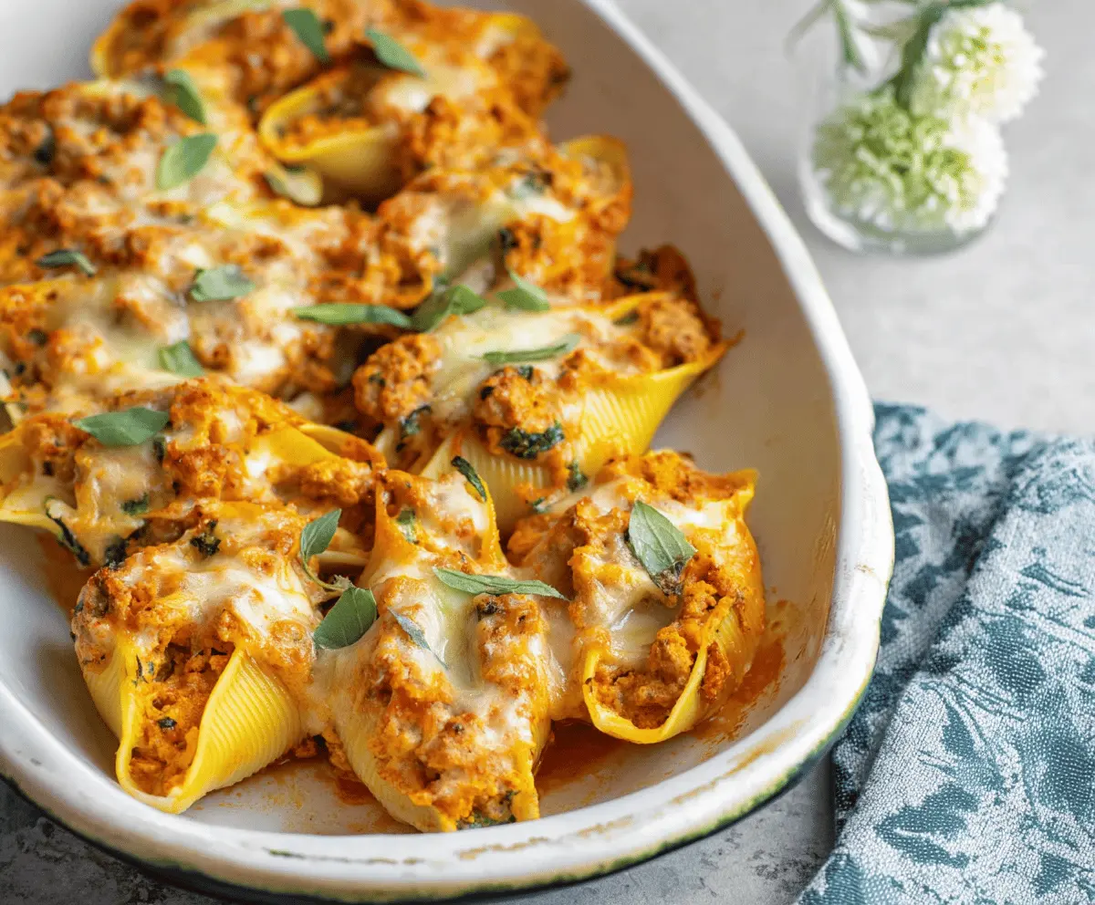 Creamy cheesy pumpkin and spicy sausage stuffed pasta shells topped with melted cheese, perfect for a flavorful fall dinner.