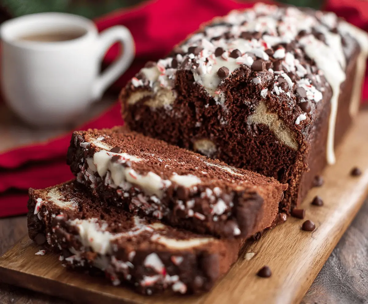 Delicious Chocolate Peppermint Bread topped with crushed peppermint candies and drizzled with chocolate for a festive holiday treat.
