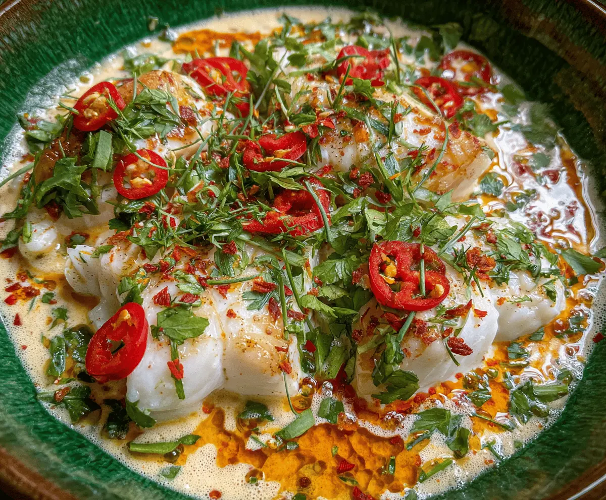 Delicious coconut milk poached fish garnished with fresh herbs on a white plate, served with vibrant vegetables and lemon wedges.