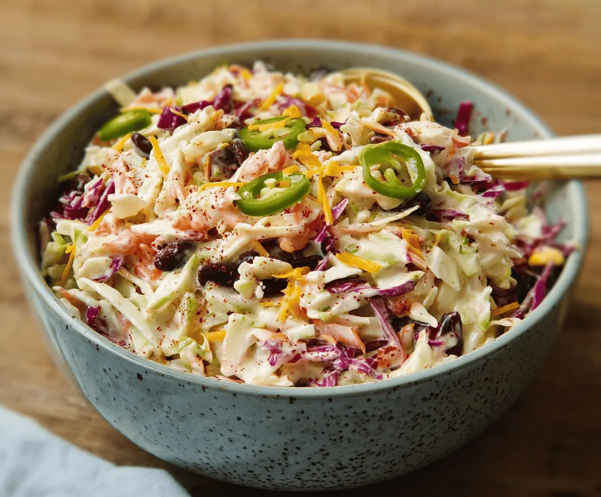 A delicious serving of Cowboy Coleslaw featuring shredded cabbage, carrots, corn, and chopped barbecue beef in a creamy dressing, perfect as a flavorful side dish.