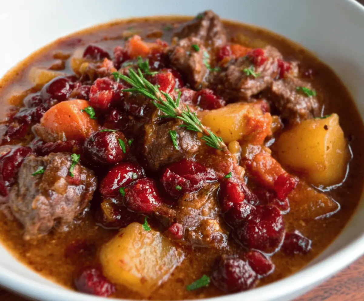 A hearty bowl of cranberry apple beef stew featuring tender beef chunks, fresh cranberries, sliced apples, and vegetables in a flavorful broth, served hot.