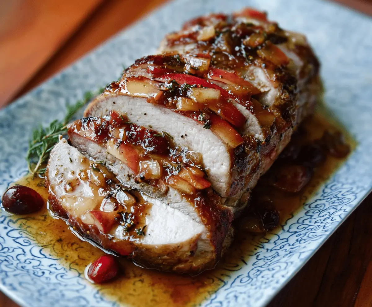 Juicy cranberry apple pork loin roast garnished with fresh herbs on a rustic wooden table, perfect for a festive holiday dinner