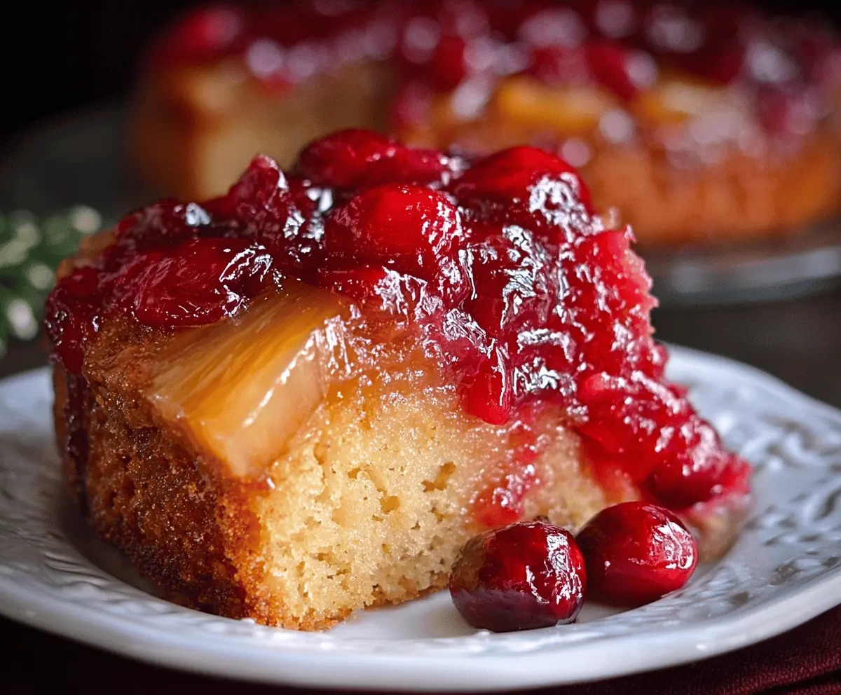 Delicious Cranberry Pineapple Upside Down Cake topped with fresh cranberries and pineapple slices, ready to serve
