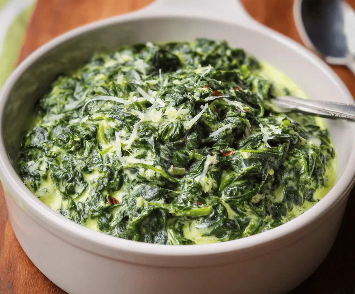 Creamed spinach served in a white bowl with a creamy, rich texture and fresh spinach leaves, perfect as a delicious side dish.