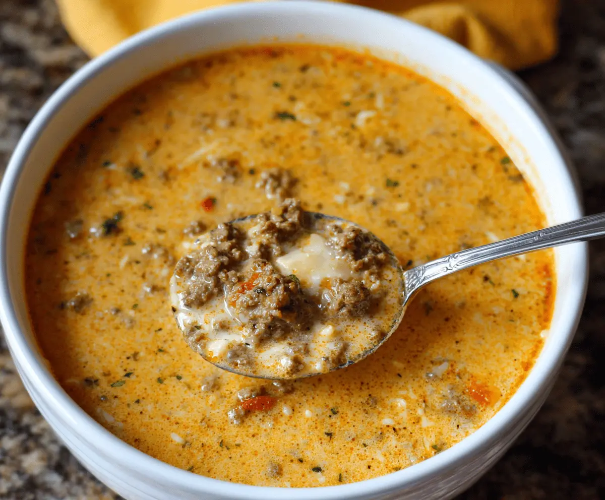 Creamy cauliflower and ground beef soup in a bowl, garnished with fresh herbs, served with a spoon on a rustic wooden table