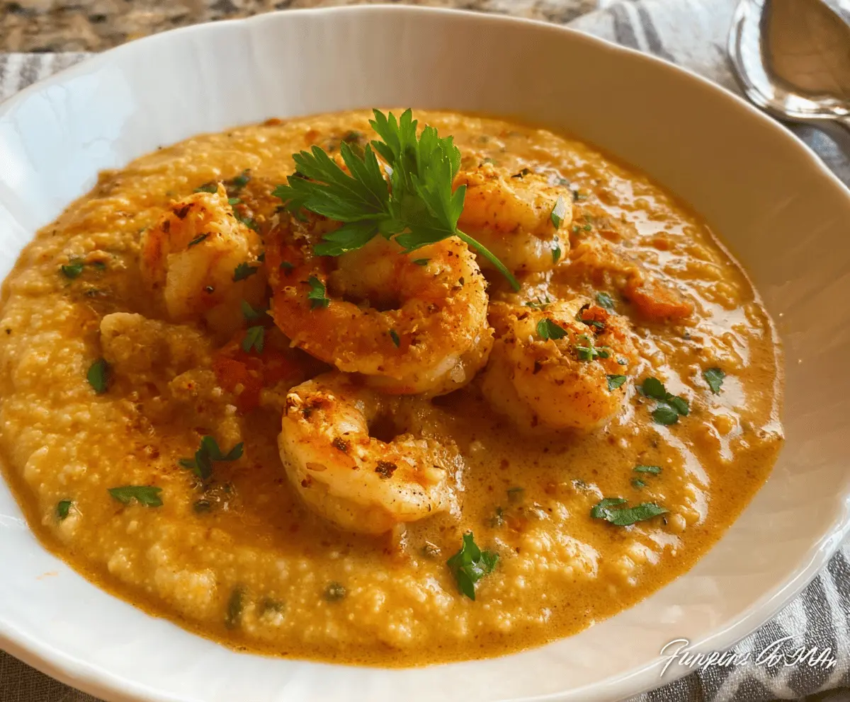 Delicious creamy Creole shrimp served over savory grits, garnished with fresh herbs, in a flavorful seafood dish perfect for comfort food lovers.