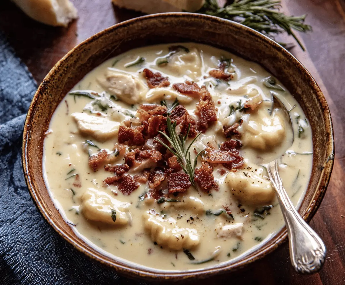 Creamy Pierogi Chicken Soup with Rosemary Bacon