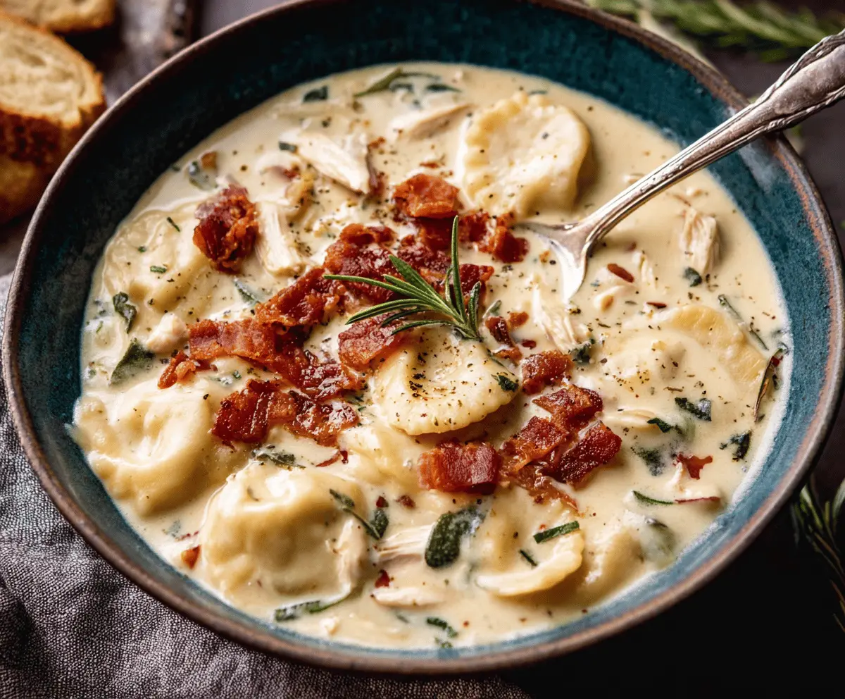 Creamy pierogi chicken soup topped with crispy rosemary bacon, served in a bowl with fresh herbs and a spoon, highlighting a comforting and hearty meal