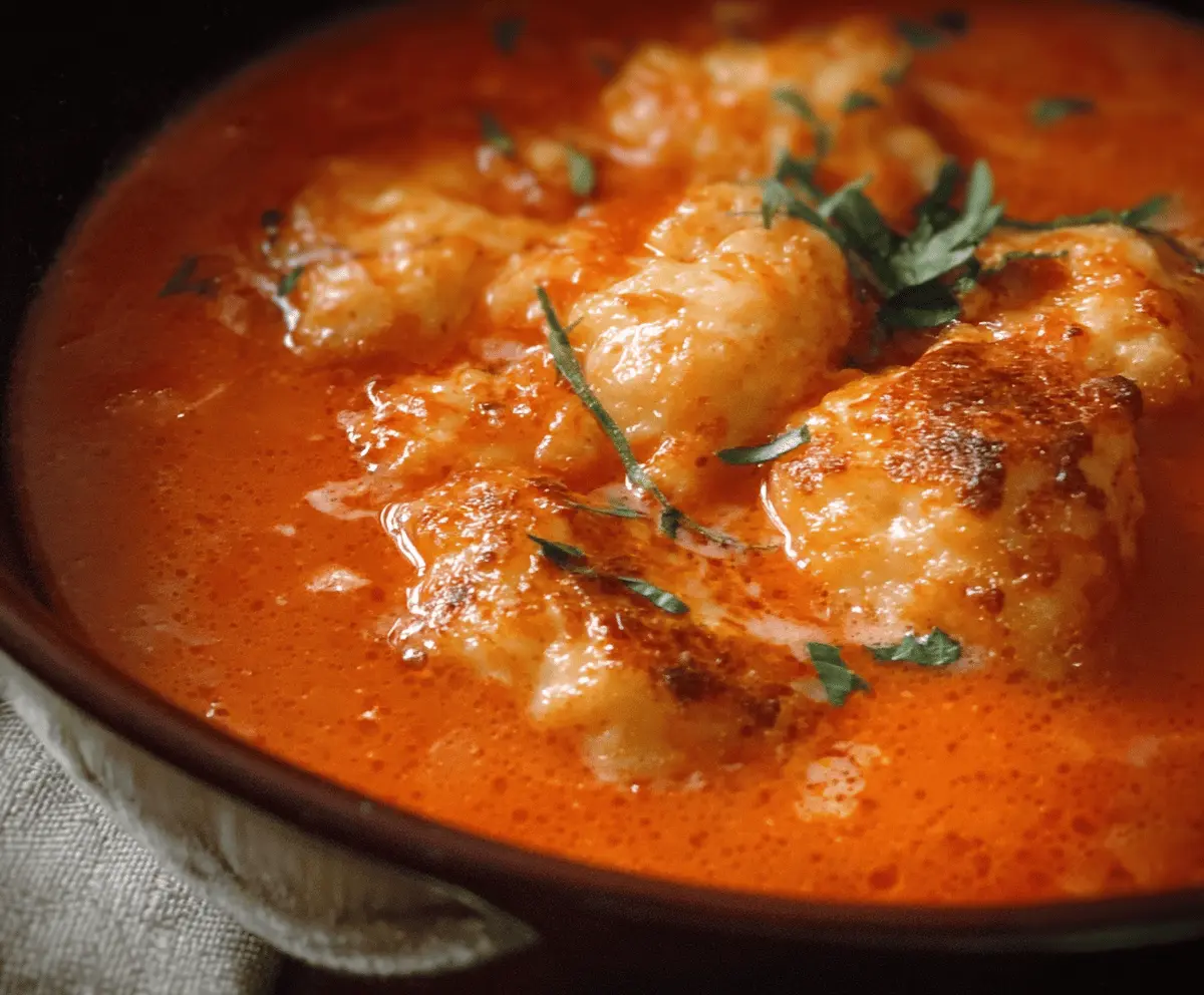 A bowl of creamy tomato soup topped with melted cheddar bay dumplings, garnished with fresh herbs, served in a rustic white bowl on a wooden table.