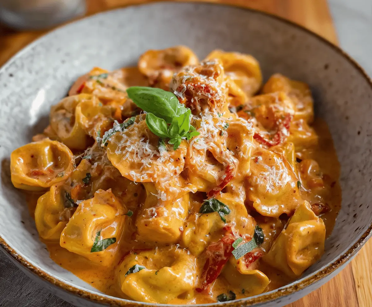 Delicious creamy tomato tortellini served in a bowl, garnished with fresh basil and grated Parmesan cheese.