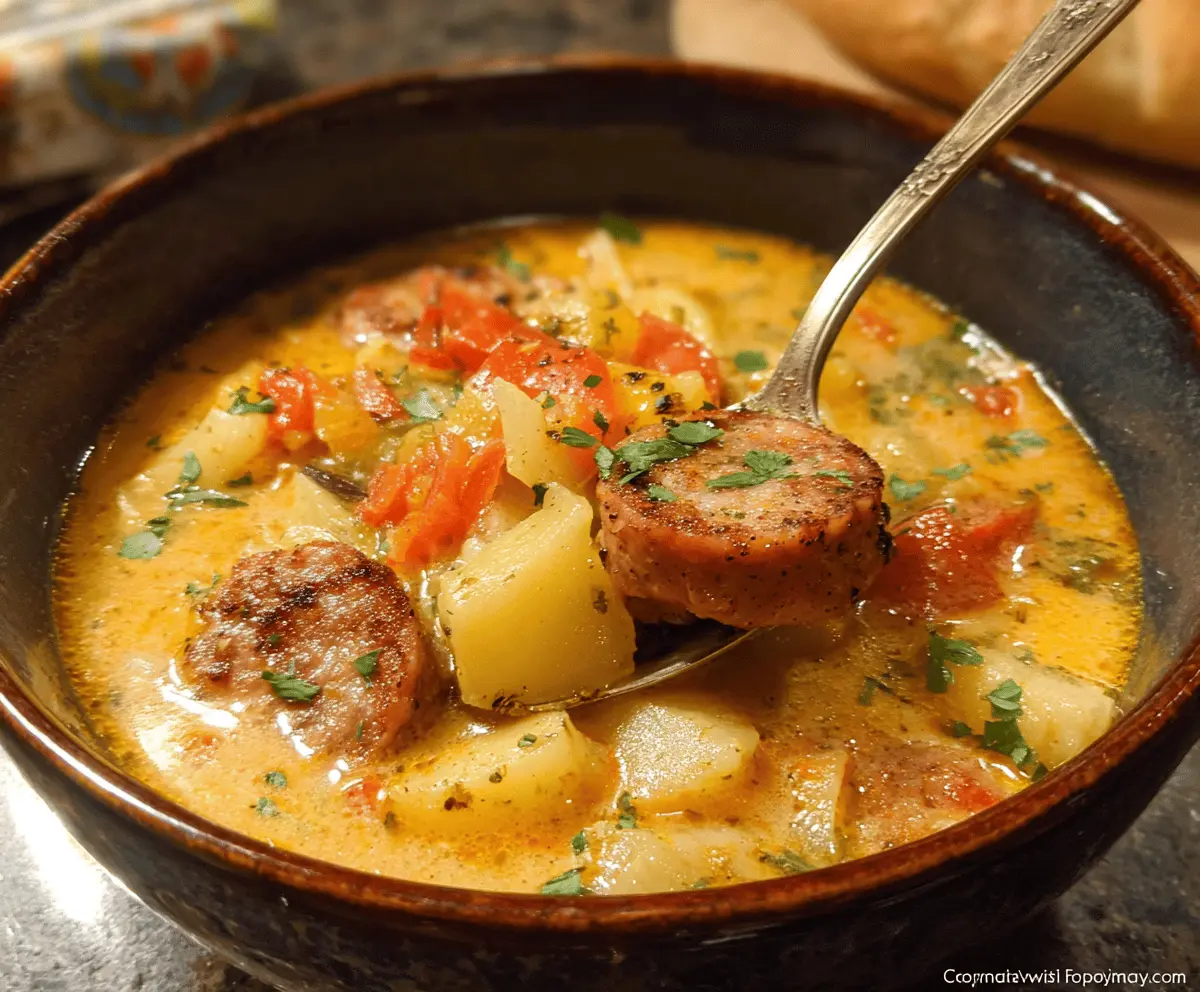 Creamy Crockpot Cajun Sausage and Potato Soup served in a bowl, topped with fresh herbs