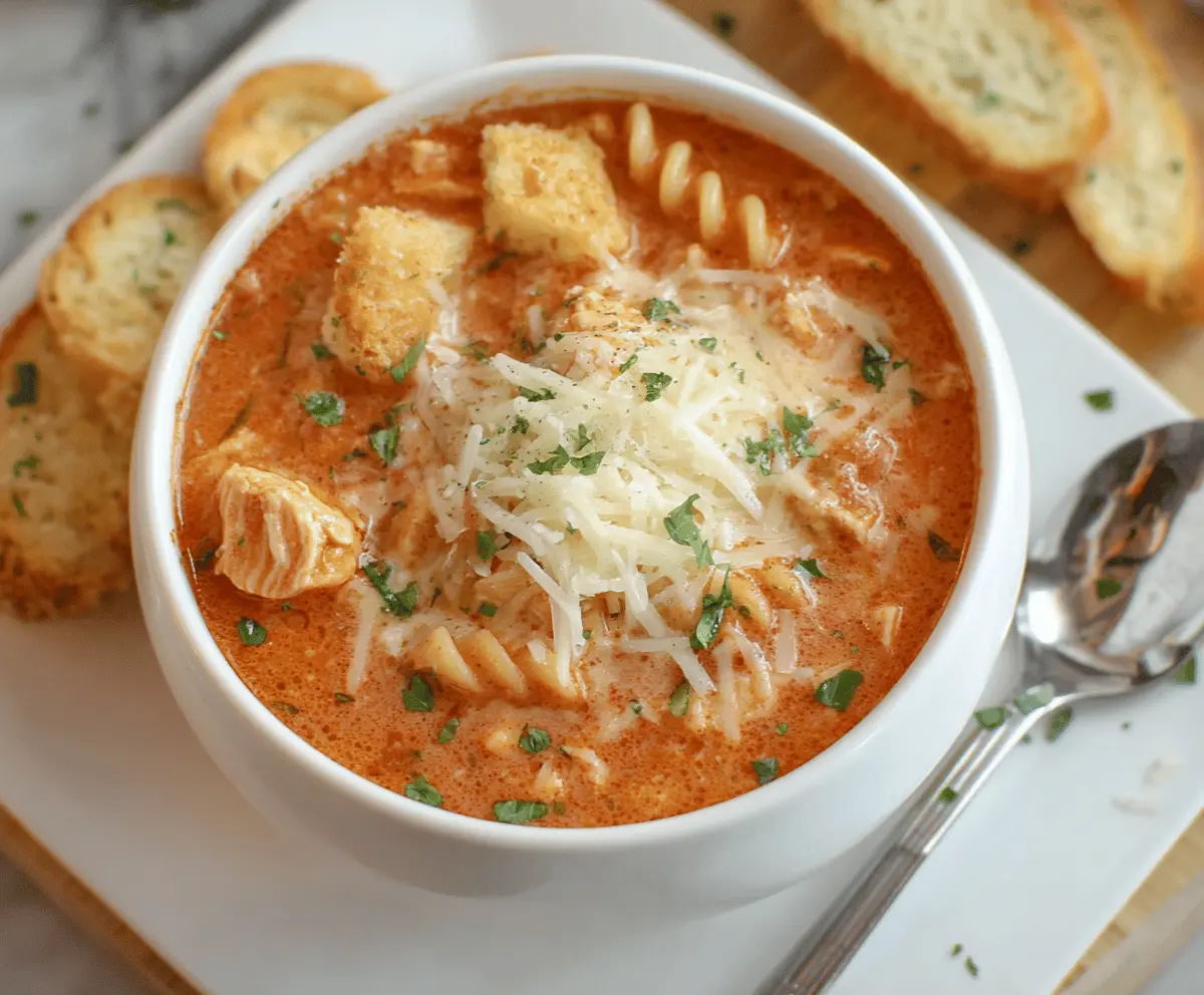 Creamy Crockpot Chicken Parmesan Soup with melted cheese, tender chicken, and fresh basil served in a cozy bowl