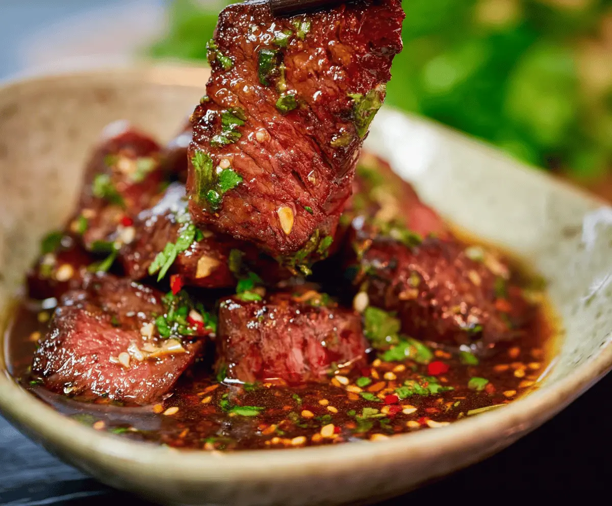 Spicy grilled Crying Tiger Beef served with fresh herbs and lime wedges on a rustic plate