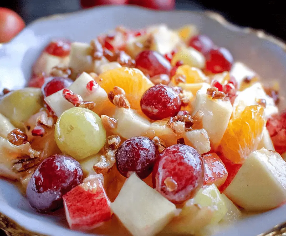 Fresh and colorful apple fruit salad featuring diced red and green apples, strawberries, and blueberries in a clear bowl, perfect for a healthy snack or dessert.