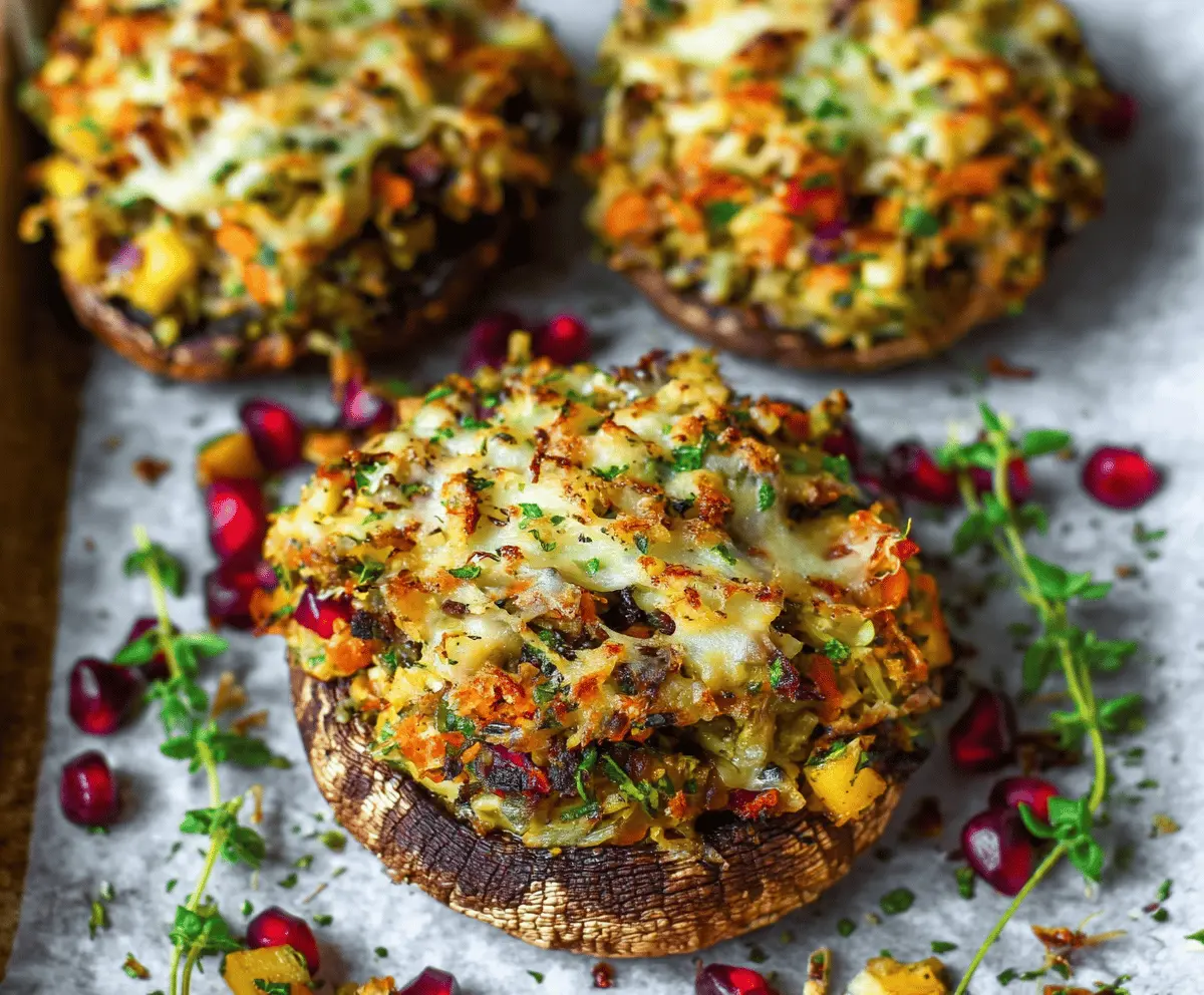 Baked Portobello Mushrooms stuffed with autumn harvest vegetables and cheese, featuring vibrant seasonal ingredients for a flavorful fall recipe.