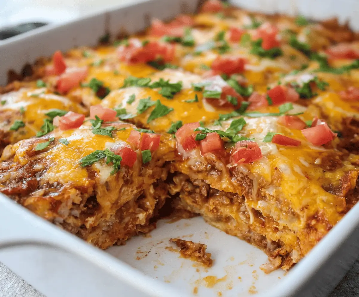 Delicious easy baked burrito casserole with layers of seasoned meat, cheese, and tortillas, ready to serve