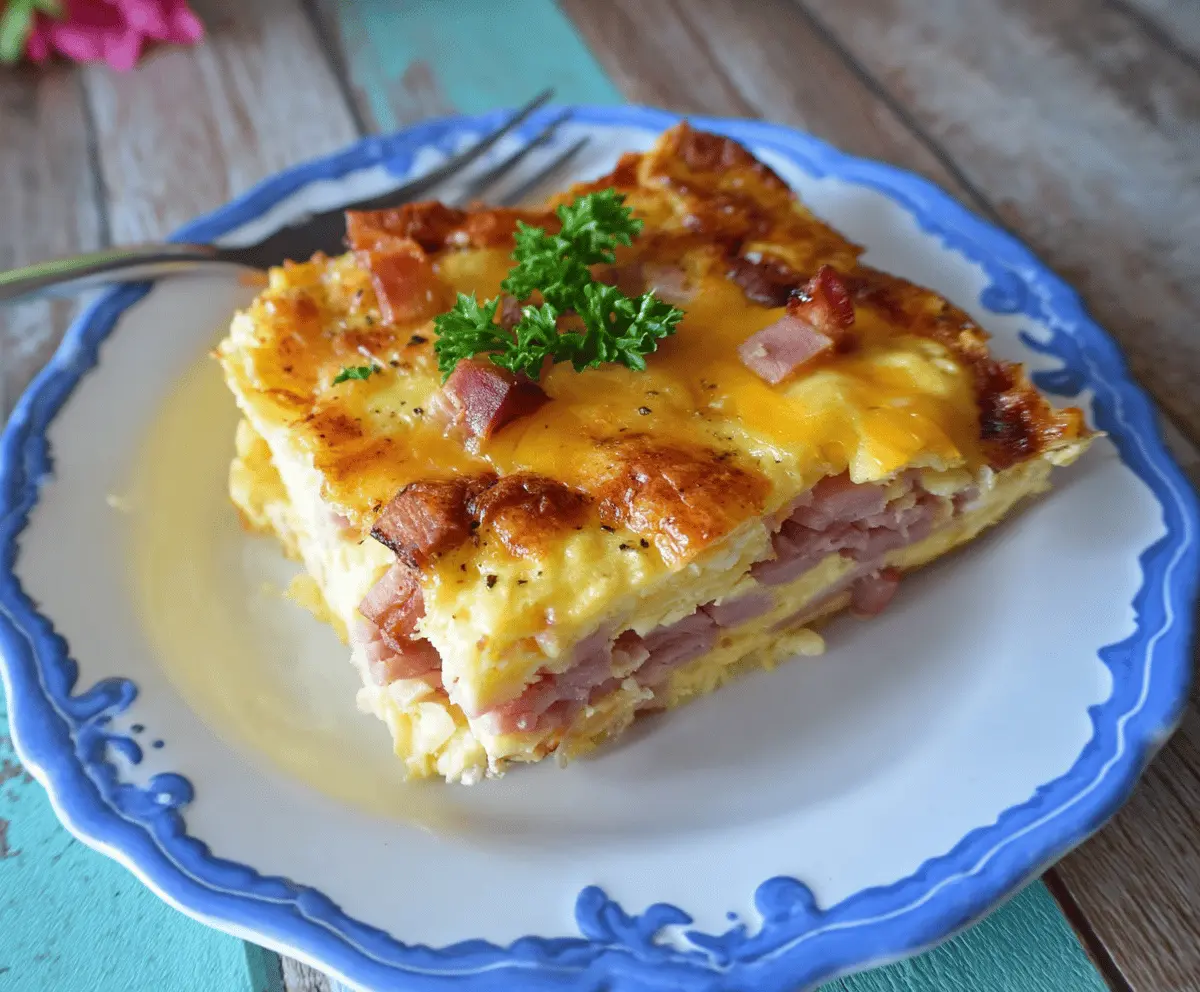 Delicious easy ham, egg, and cheese casserole ready to serve, perfect for breakfast or brunch