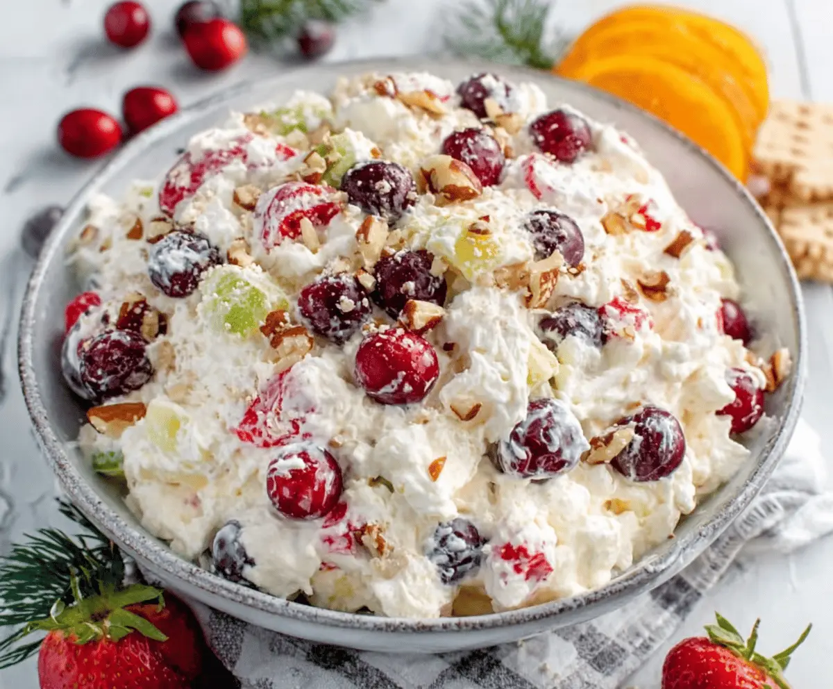 Creamy holiday cheesecake salad with fresh fruit and crushed cookies in a glass bowl.