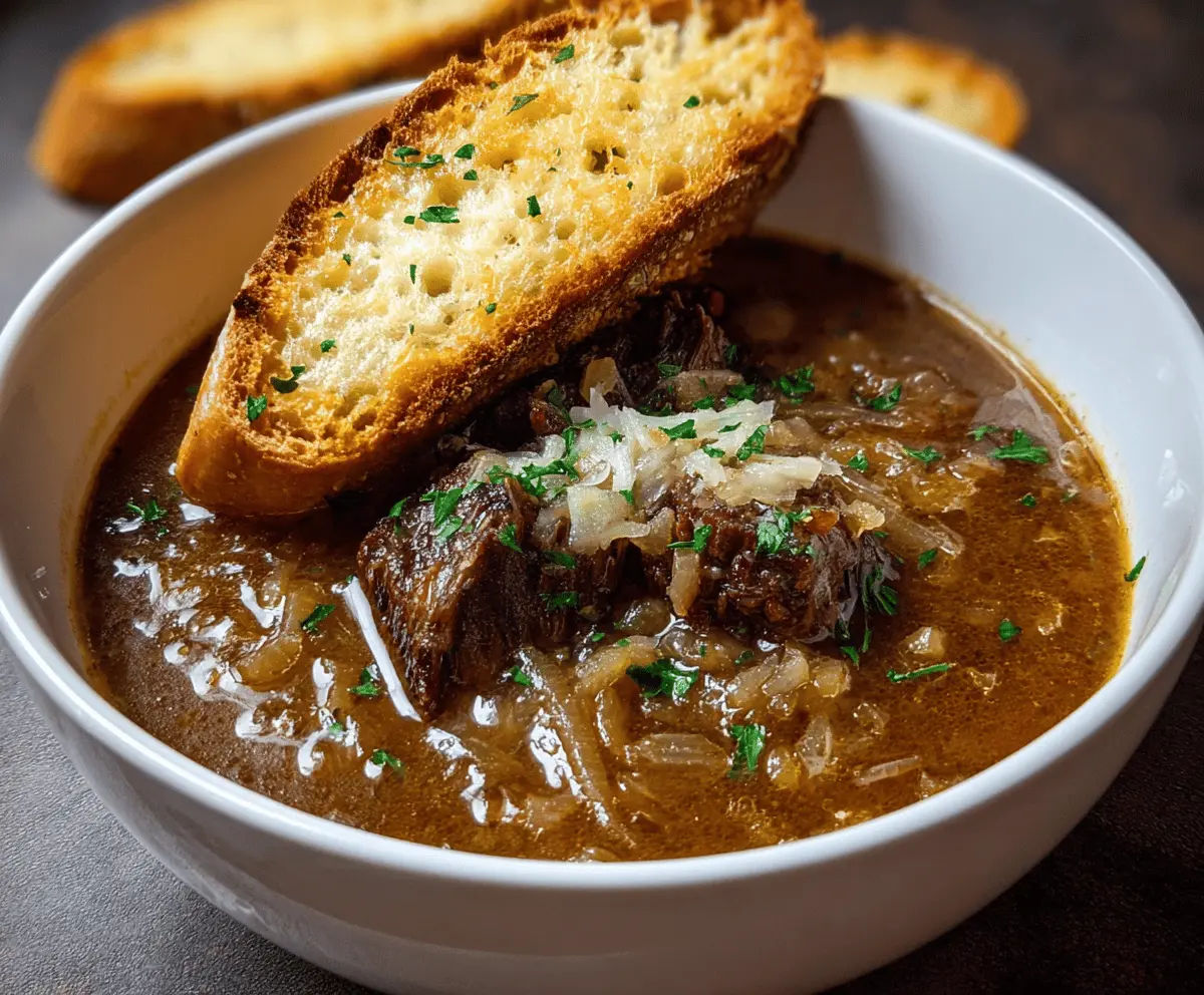 Hearty French Onion Beef Short Rib Soup with caramelized onions, tender short ribs, melted cheese, and fresh herbs in a bowl