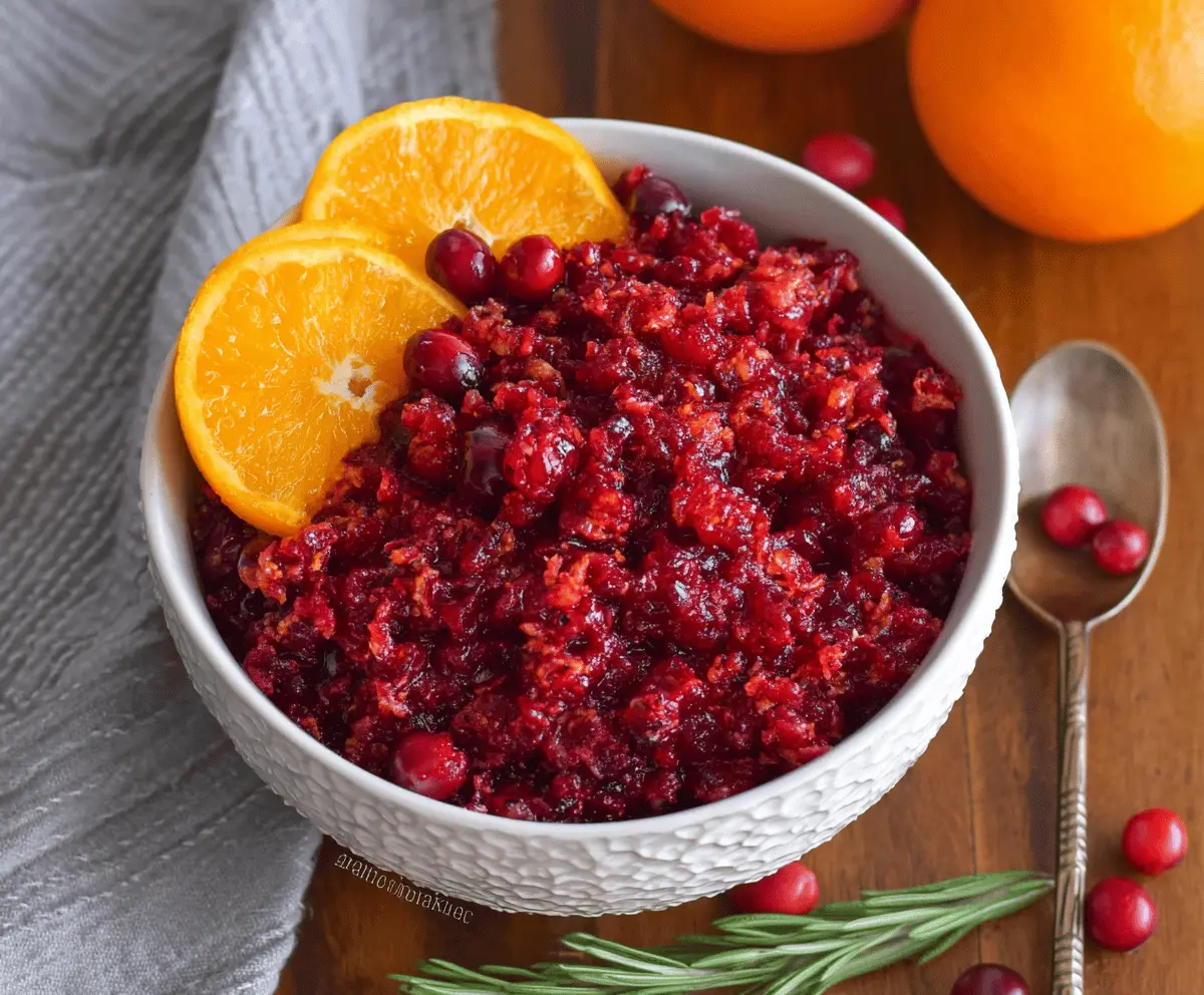 Bright and colorful cranberry orange relish in a bowl, perfect for Thanksgiving side dishes and holiday celebrations.