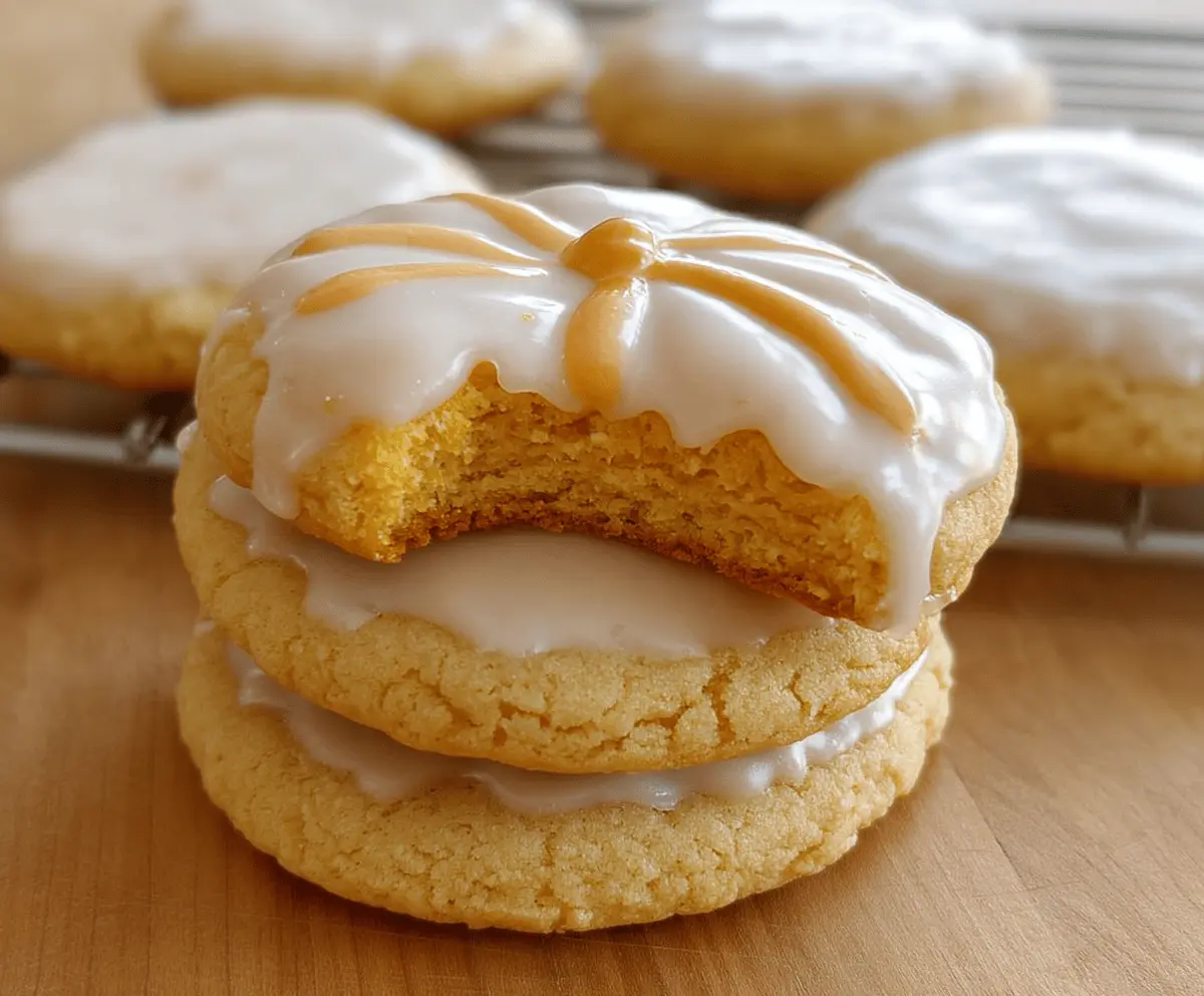 Delicious glazed pumpkin sugar cookies decorated with orange icing and festive sprinkles, perfect for fall celebrations.