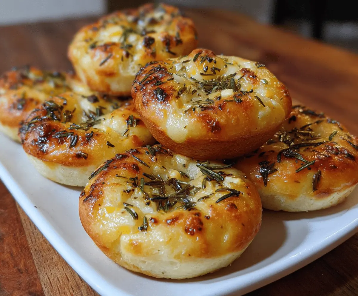 Golden crust garlic rosemary focaccia muffins fresh out of the oven, topped with herbs and crispy edges