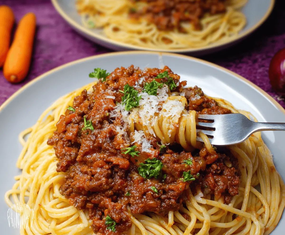 Delicious homemade Gordon Ramsay Spaghetti Bolognese served on a plate with fresh herbs and grated cheese