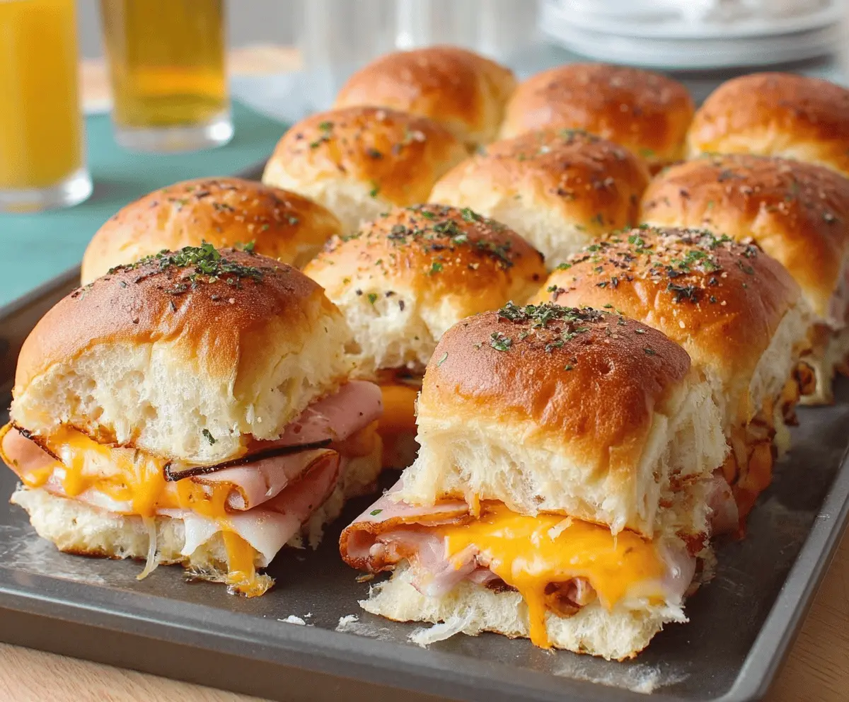 Delicious ham and cheese sliders perfect for game day appetizer or snack, featuring warm bread rolls filled with sliced ham and melted cheese.
