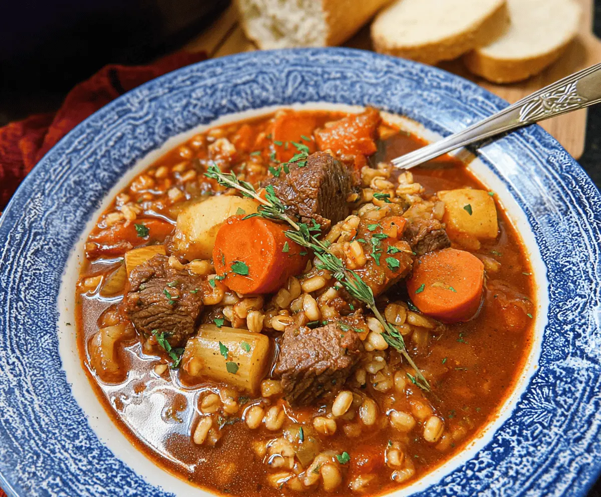 A steaming bowl of hearty beef barley stew with tender beef chunks, vegetables, and herbs served in a rustic bowl.
