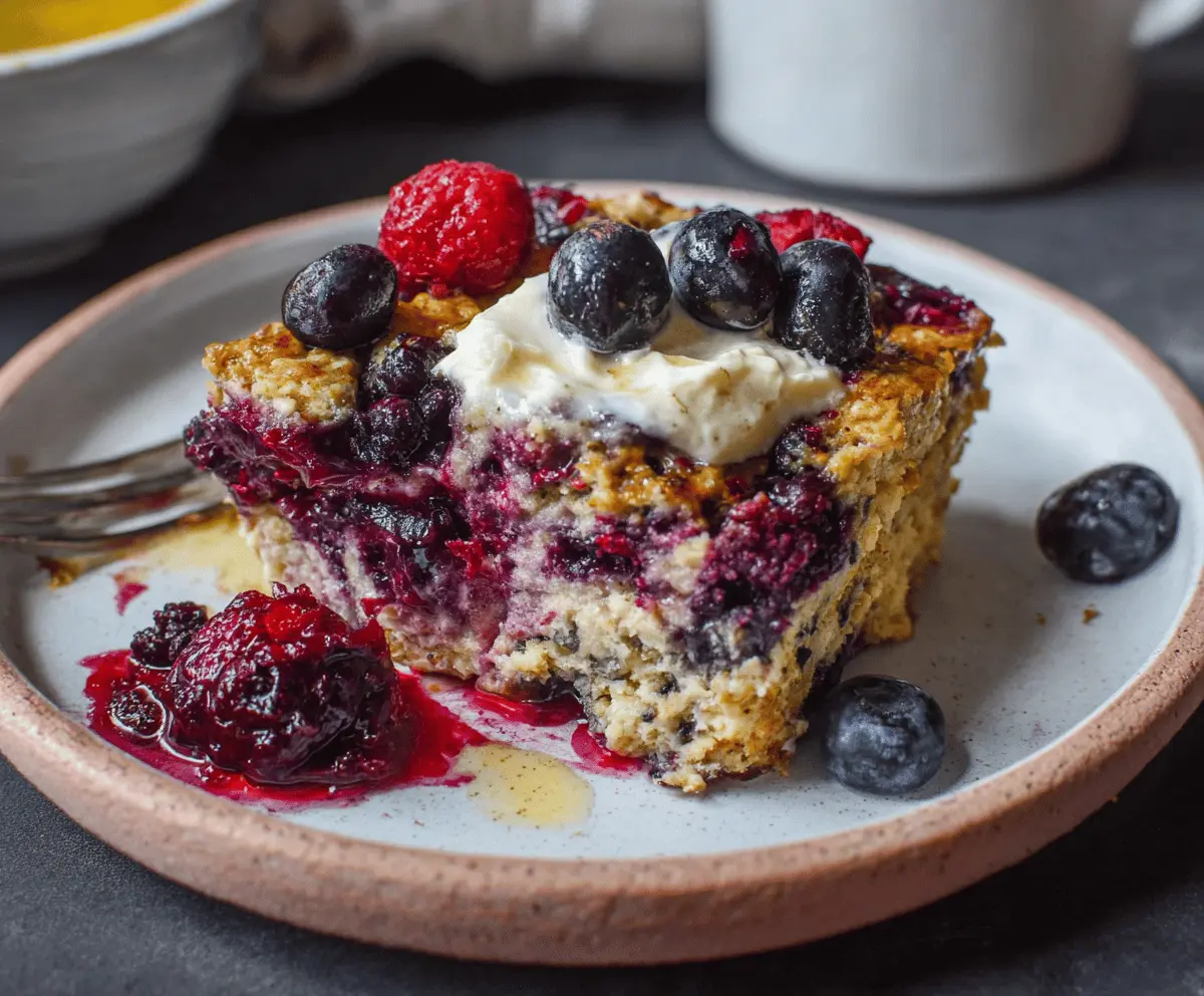 Delicious high-protein berry bake topped with fresh strawberries, blueberries, and raspberries, served in a rustic ceramic dish.