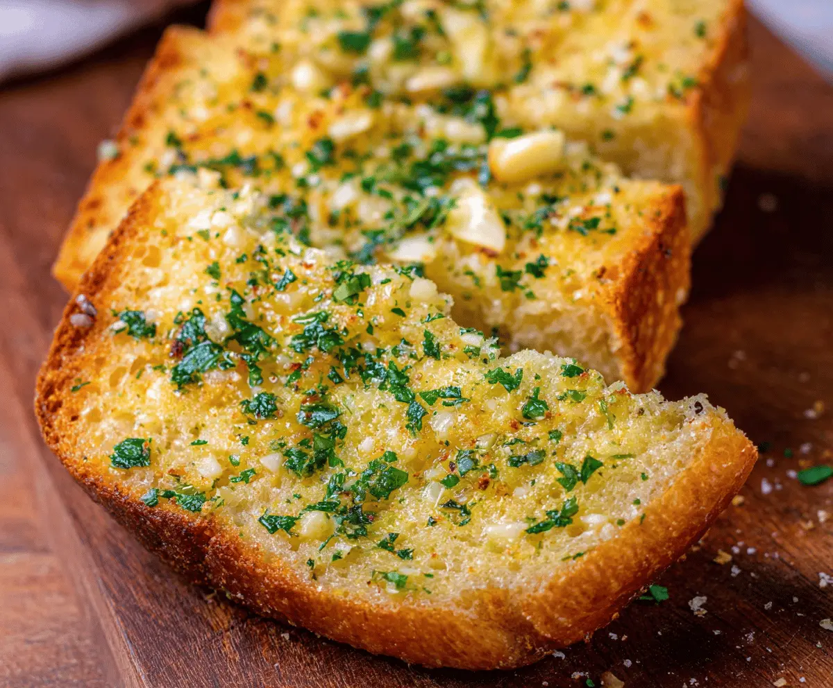 Golden, crispy homemade buttery garlic bread with melted garlic butter and fresh herbs, perfect for serving as a flavorful side dish.
