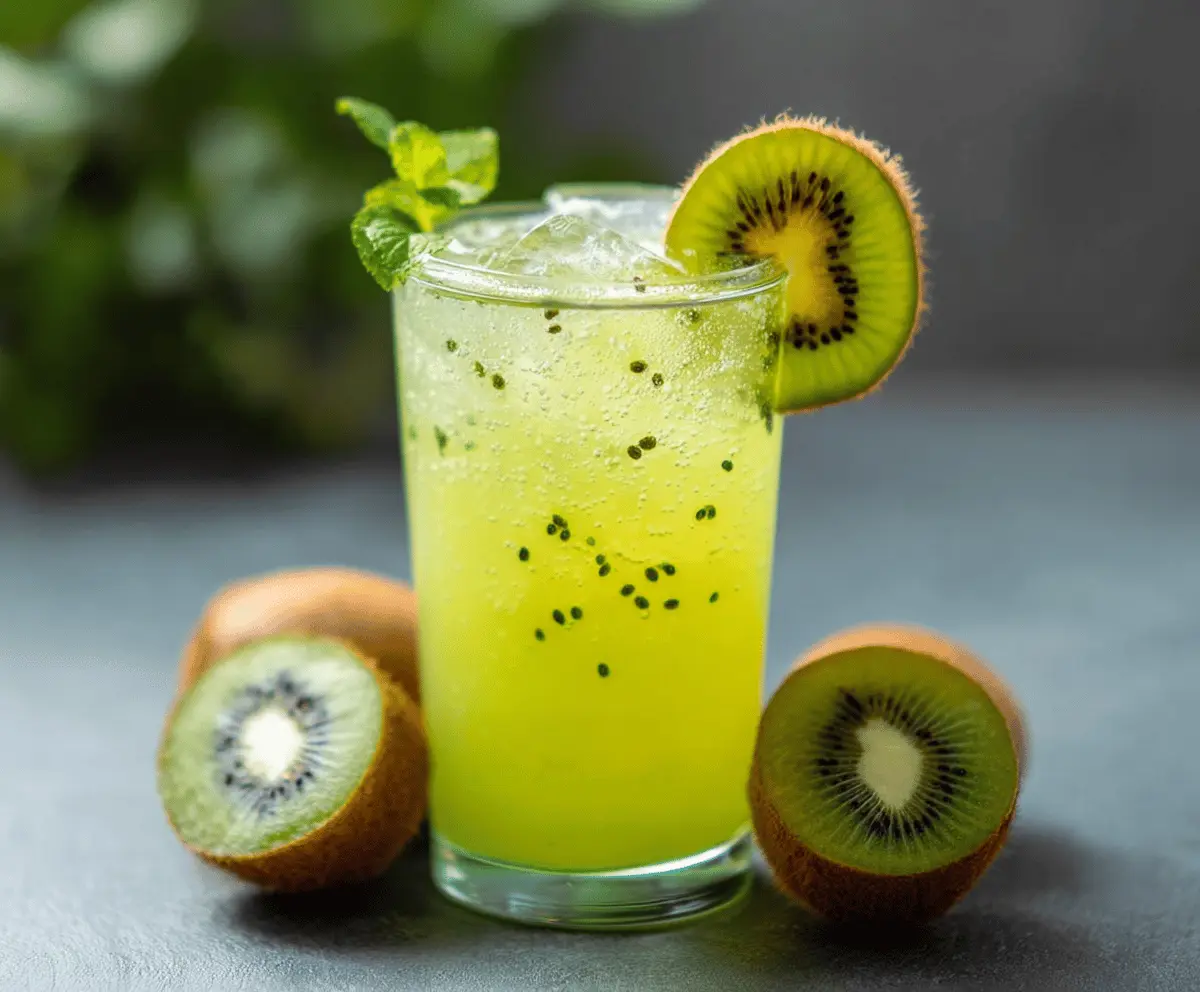Refreshing kiwi mocktail garnished with fresh mint and lime slices in a clear glass on a summer table