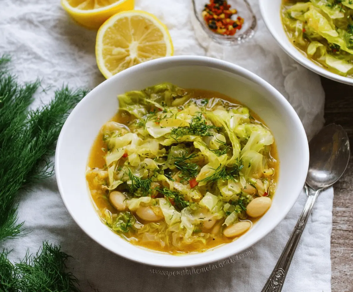 A bowl of Lemon Dill Cabbage Soup garnished with fresh dill and lemon slices, served with a slice of bread on the side.