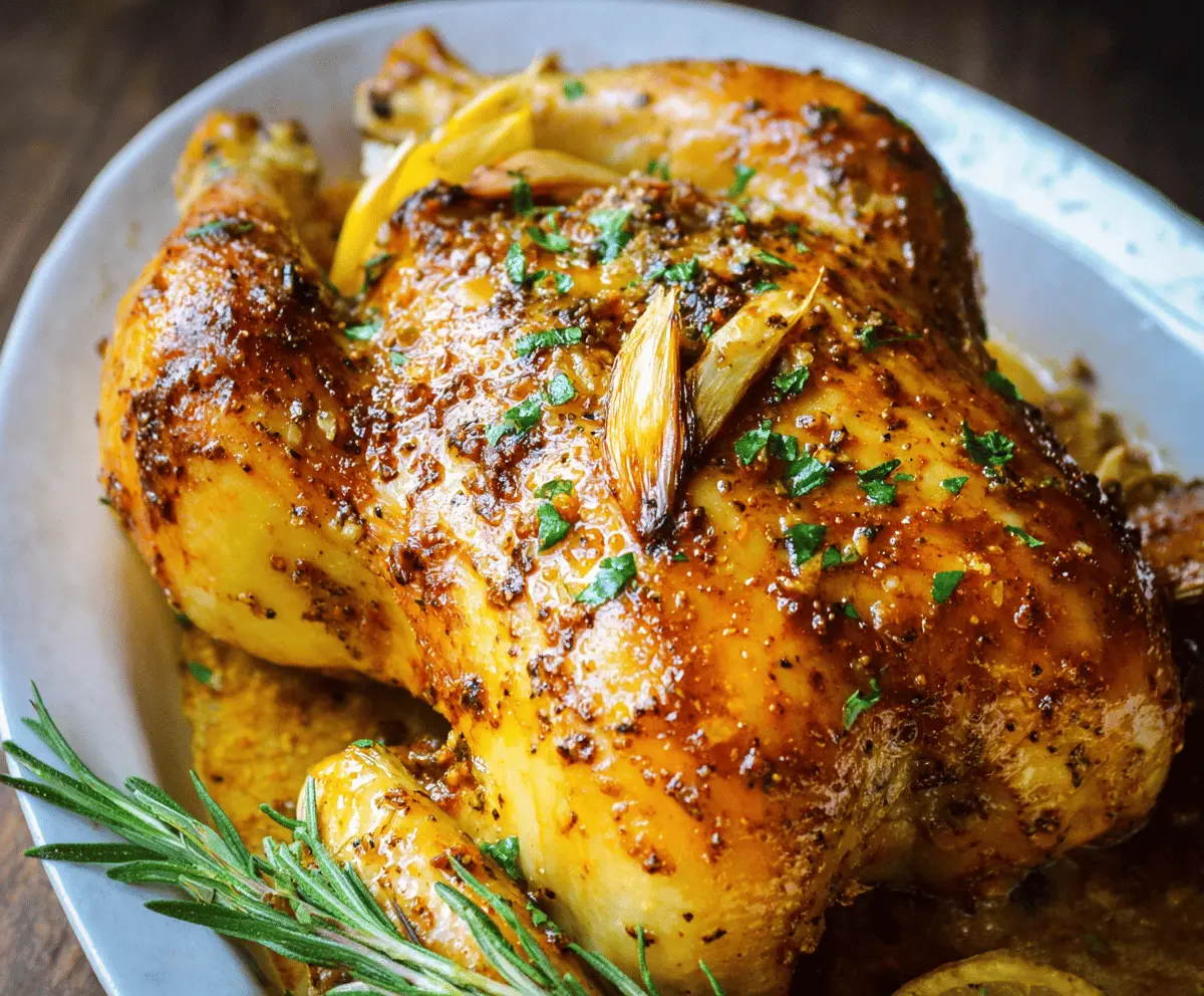 Juicy whole chicken seasoned with lemon-pepper and garlic, ready for roasting, on a baking tray with fresh herbs and lemon slices