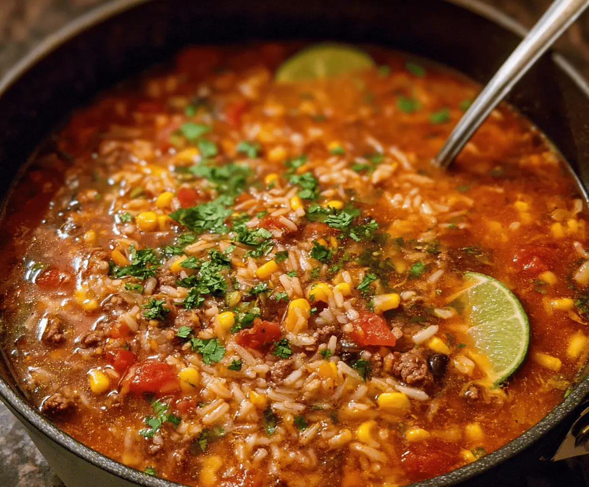 Hearty Mexican beef and rice soup with tender beef chunks, rice, vegetables, and fresh herbs in a savory broth.