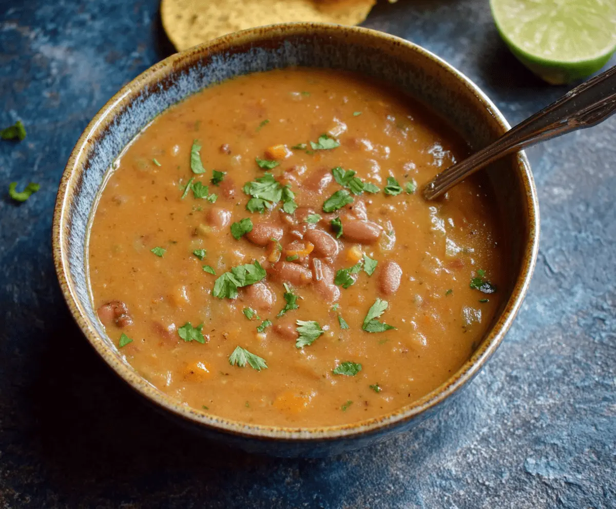Hearty Mexican pinto bean soup garnished with fresh herbs and lime slices in a rustic bowl