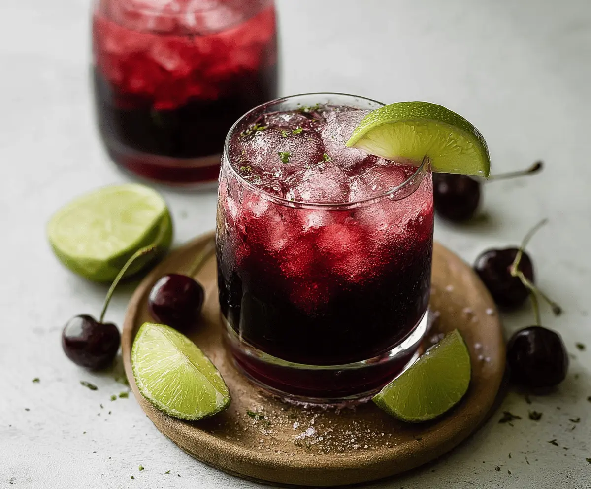 A vibrant Midnight Tart Cherry Mocktail garnished with fresh cherries and mint leaves in a clear glass, perfect for a refreshing evening beverage.