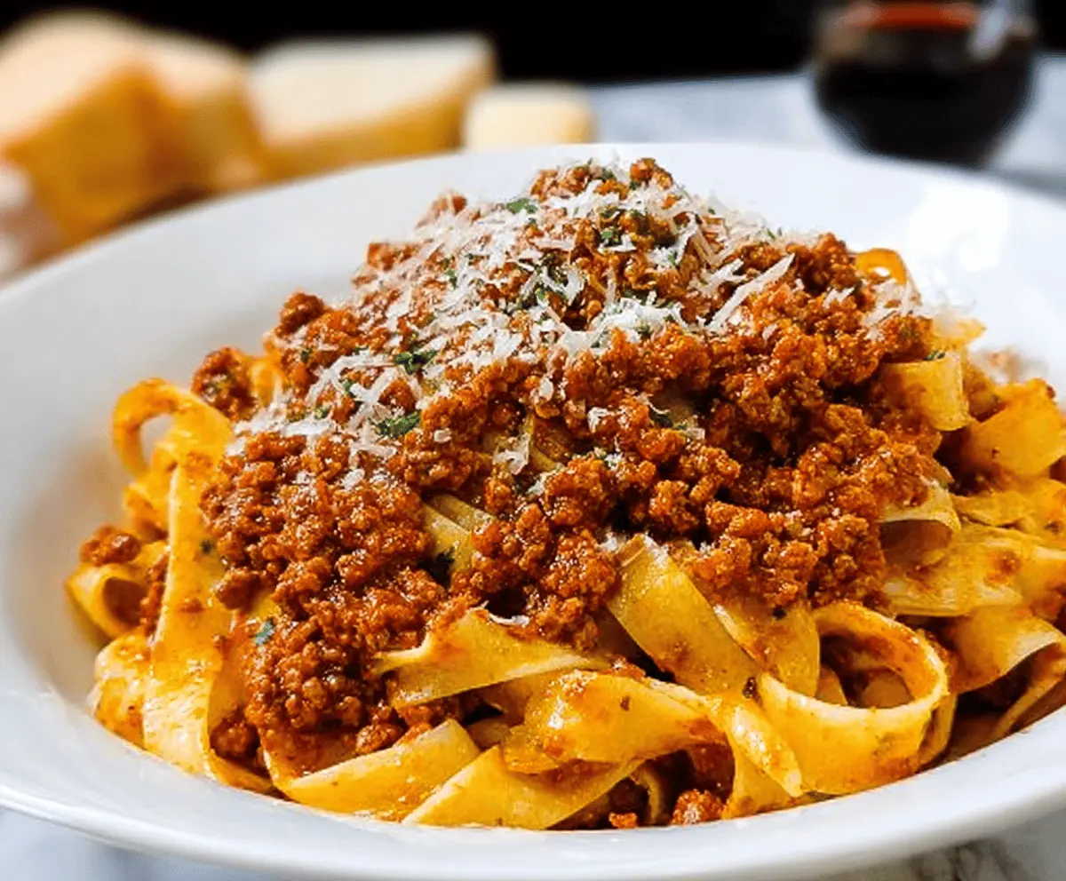 Delicious classic Italian Pasta Bolognese with rich meat sauce served on a plate.