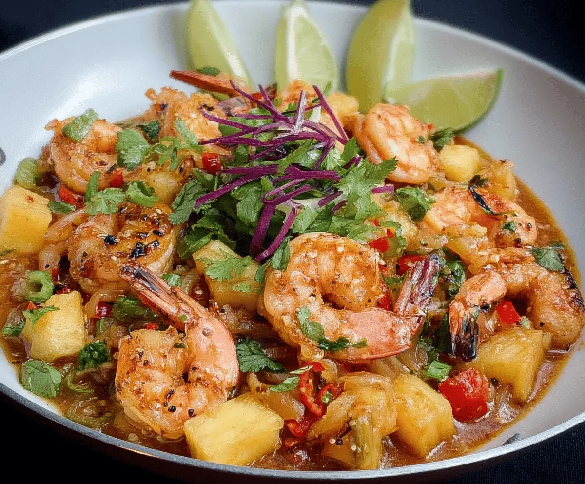 Delicious pineapple Thai shrimp stir-fry with juicy pineapple chunks, tender shrimp, colorful vegetables, and Thai herbs on a white plate.