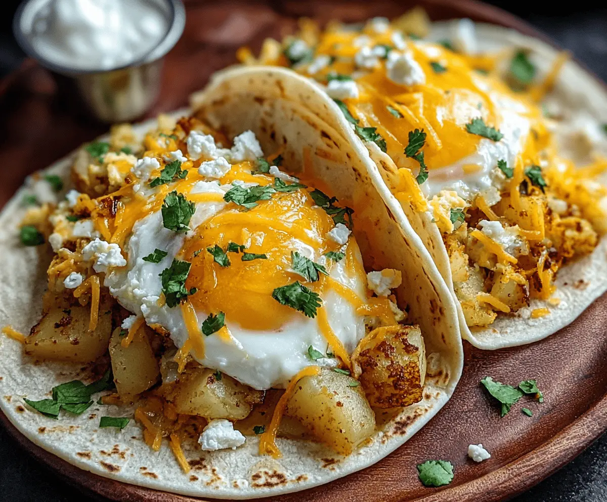 Delicious Potato, Egg, and Cheese Breakfast Tacos with crispy potatoes, scrambled eggs, and melted cheese in warm tortillas