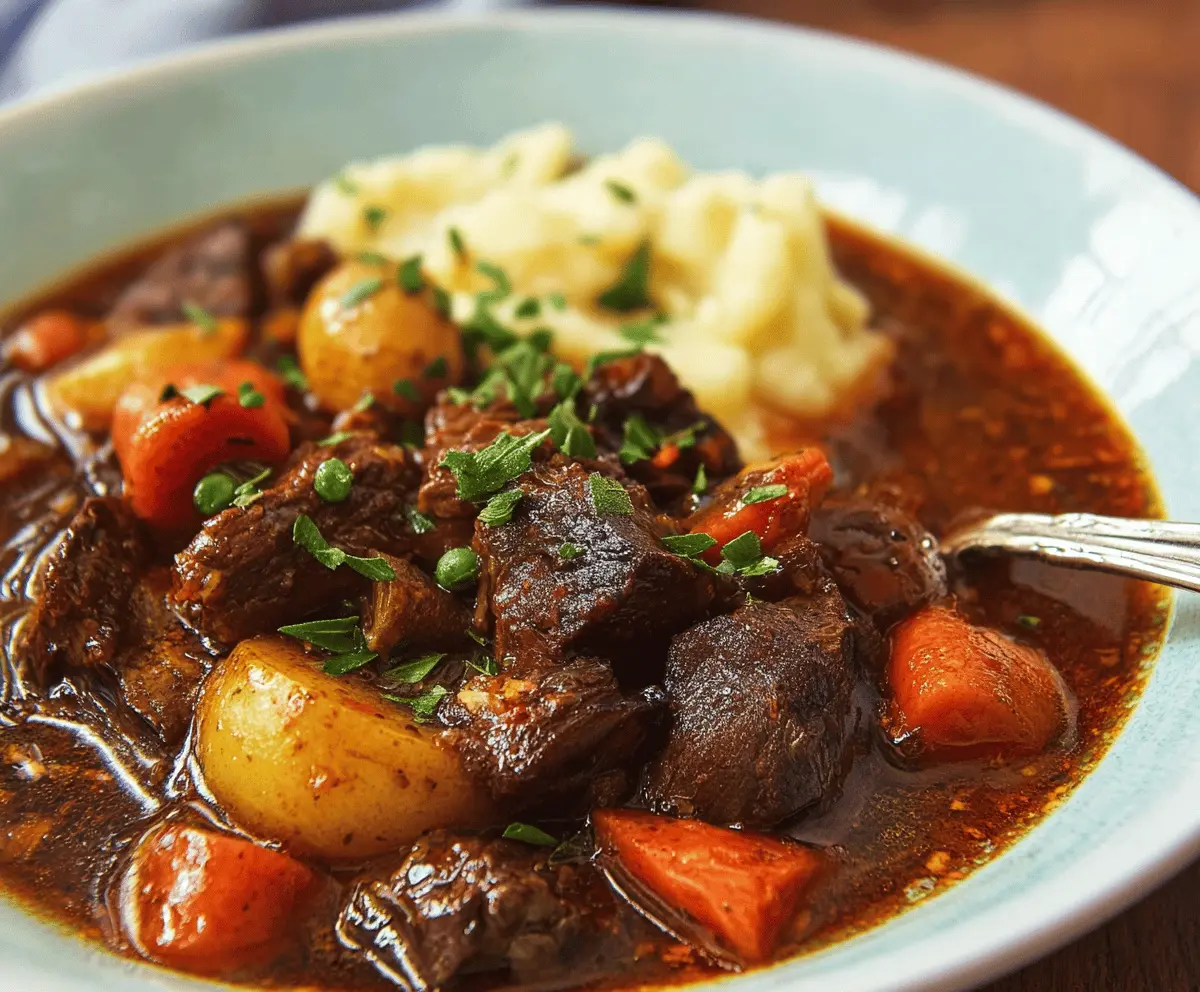 Hearty pressure cooker beef stew with tender beef chunks, vegetables, and savory broth in a rustic bowl